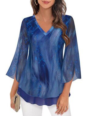 Women's Tops Navy Blue 3/4 Sleeves Floral Shirts Double Layers V Neck Blouses
